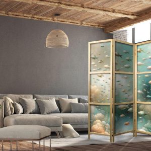 Paravent japonais - Spectacular Underwater Landscape - Fish in the Underwater World in Colors of Turquoise Blue Beige and Delicate Orange