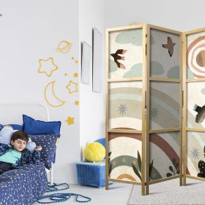 Paravent japonais - Sun Above the Rainbow - Birds in Subdued Colors Flying Among Clouds Above a Rainbow and Vegetation on a Light Beige Background