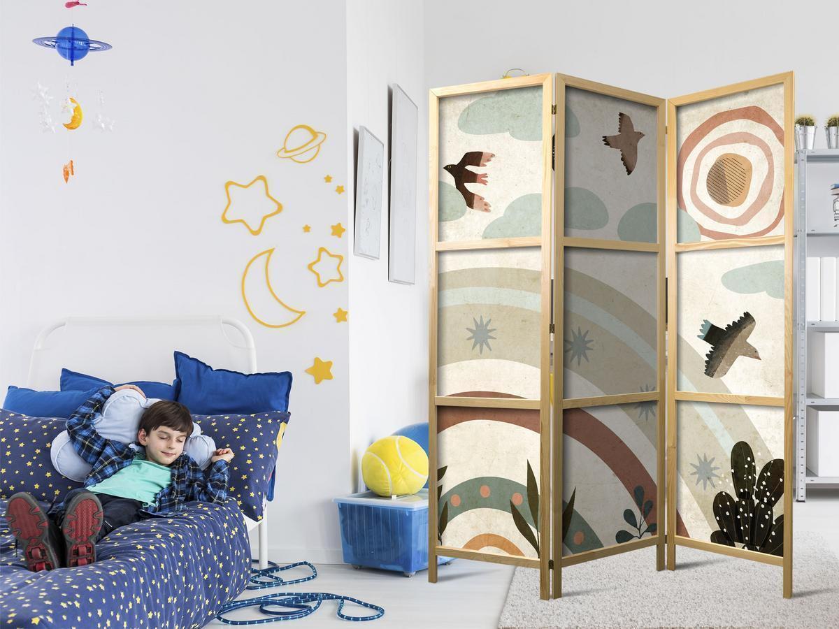 Paravent japonais - Sun Above the Rainbow - Birds in Subdued Colors Flying Among Clouds Above a Rainbow and Vegetation on a Light Beige Background