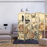 Paravent japonais - Tulips in Cream - Illustration of Flowers and Butterflies on a Light Background