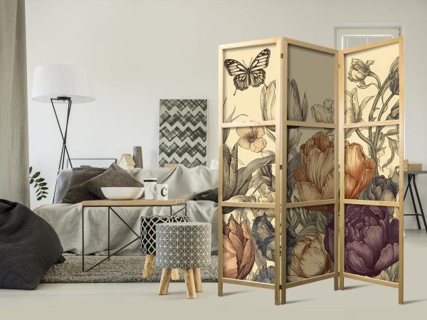 Paravent japonais - Tulips in Cream - Illustration of Flowers and Butterflies on a Light Background Paravent japonais - Tulips in Cream - Illustration of Flowers and Butterflies on a Light Background