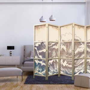 Paravent japonais - Turbulent Ocean - High Waves in Brown And Navy Colors on a Beige Background in Vintage Style