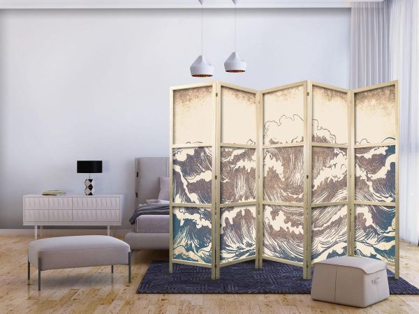 Paravent japonais - Turbulent Ocean - High Waves in Brown And Navy Colors on a Beige Background in Vintage Style Paravent japonais - Turbulent Ocean - High Waves in Brown And Navy Colors on a Beige Background in Vintage Style