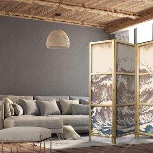 Paravent japonais - Turbulent Ocean - High Waves in Brown and Navy on a Beige Background in Vintage Style