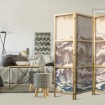 Paravent japonais - Turbulent Ocean - High Waves in Brown and Navy on a Beige Background in Vintage Style