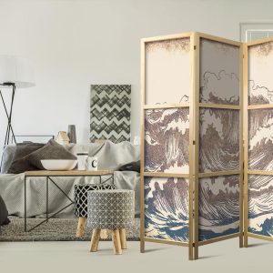 Paravent japonais - Turbulent Ocean - High Waves in Brown and Navy on a Beige Background in Vintage Style