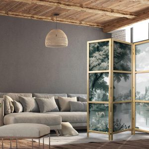 Paravent japonais - View of the Park and Lake - Retro Vintage Landscape in Greens