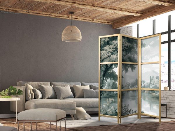 Paravent japonais - View of the Park and Lake - Retro Vintage Landscape in Greens