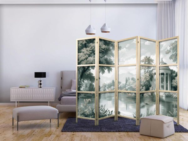 Paravent japonais - View of the Park and Lake - Retro Vintage Landscape in Greens