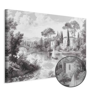 Tableau - Black and White Vintage Landscape Retro View of a Pond with a Boat