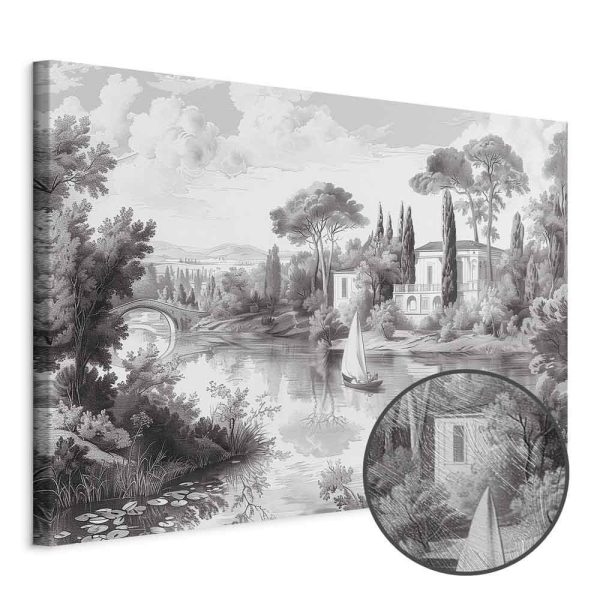 Tableau - Black and White Vintage Landscape Retro View of a Pond with a Boat