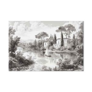 Tableau - Black and White Vintage Landscape Retro View of a Pond with a Boat