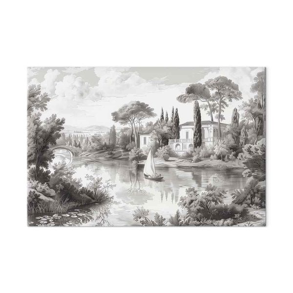 Tableau - Black and White Vintage Landscape Retro View of a Pond with a Boat