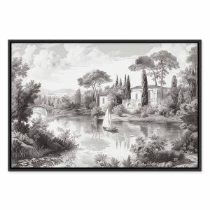 Tableau - Black and White Vintage Landscape Retro View of a Pond with a Boat