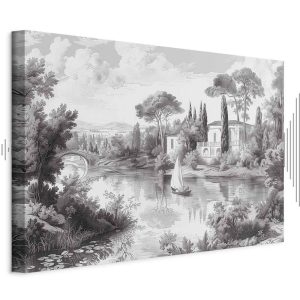 Tableau - Black and White Vintage Landscape Retro View of a Pond with a Boat