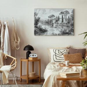 Tableau - Black and White Vintage Landscape Retro View of a Pond with a Boat