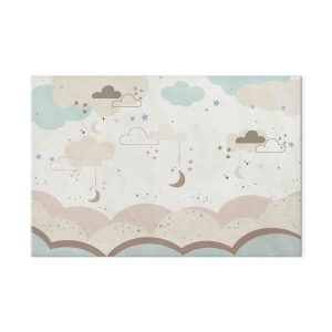 Tableau - Cloudy Night Sky - Moons in Brown and Beige Hues Among Clouds and Numerous Little Stars on a Light Background