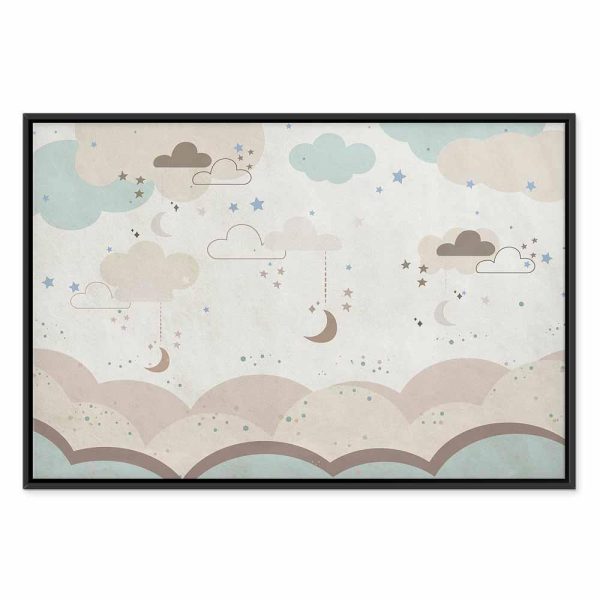Tableau - Cloudy Night Sky - Moons in Brown and Beige Hues Among Clouds and Numerous Little Stars on a Light Background