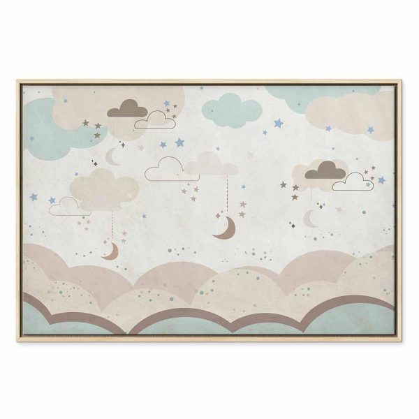 Tableau - Cloudy Night Sky - Moons in Brown and Beige Hues Among Clouds and Numerous Little Stars on a Light Background