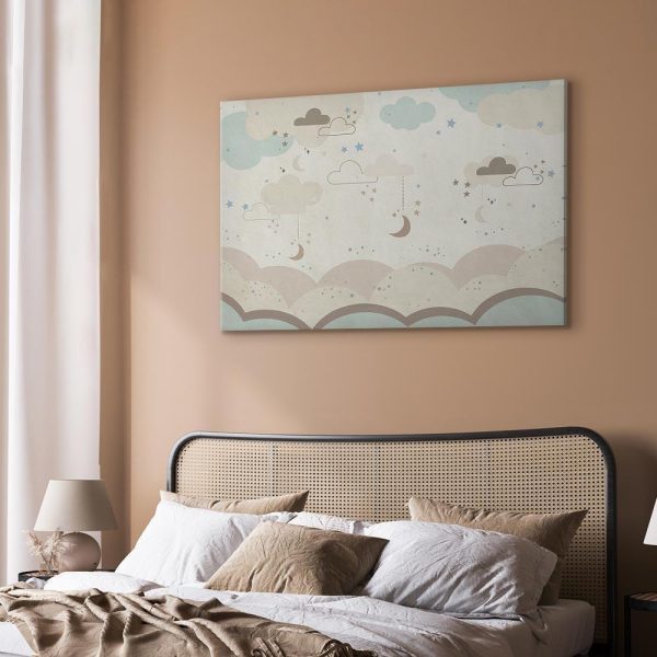 Tableau - Cloudy Night Sky - Moons in Brown and Beige Hues Among Clouds and Numerous Little Stars on a Light Background