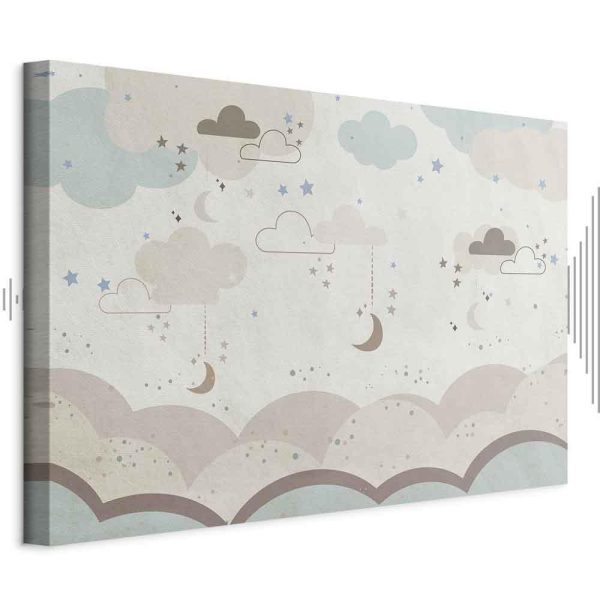 Tableau - Cloudy Night Sky - Moons in Brown and Beige Hues Among Clouds and Numerous Little Stars on a Light Background