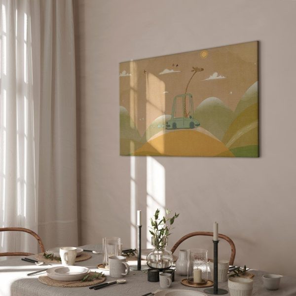 Tableau - Dreamy Traveler - A Cheerful Giraffe Driving a Car on a Sunny Day