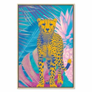 Tableau - Exotic Leopard - Colorful Portrait of a Cheetah Against Tropical Leaves