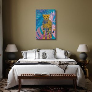 Tableau - Exotic Leopard - Colorful Portrait of a Cheetah Against Tropical Leaves