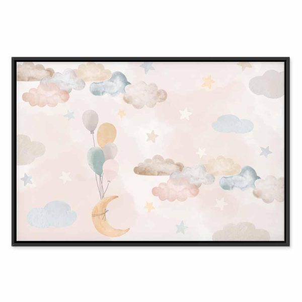 Tableau - Fairy-Tale Moon - Pastel Moon with Balloons Among Colorful Clouds and Stars in Subdued Colors on a Light Background