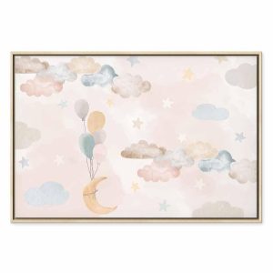 Tableau - Fairy-Tale Moon - Pastel Moon with Balloons Among Colorful Clouds and Stars in Subdued Colors on a Light Background