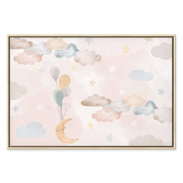 Tableau - Fairy-Tale Moon - Pastel Moon with Balloons Among Colorful Clouds and Stars in Subdued Colors on a Light Background