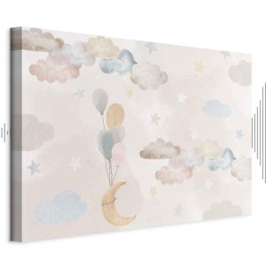 Tableau - Fairy-Tale Moon - Pastel Moon with Balloons Among Colorful Clouds and Stars in Subdued Colors on a Light Background