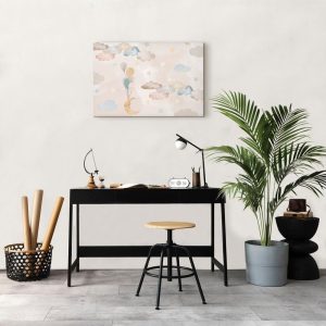 Tableau - Fairy-Tale Moon - Pastel Moon with Balloons Among Colorful Clouds and Stars in Subdued Colors on a Light Background