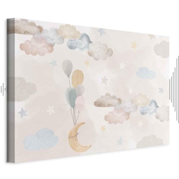 Tableau - Fairy-Tale Moon - Pastel Moon with Balloons Among Colorful Clouds and Stars in Subdued Colors on a Light Background