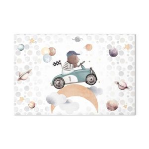 Tableau - Galactic Races - A Bear Participating in Car Races Among Planets Clouds and Stars in Pastel Hues