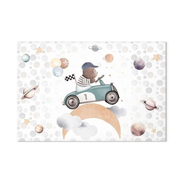 Tableau - Galactic Races - A Bear Participating in Car Races Among Planets Clouds and Stars in Pastel Hues