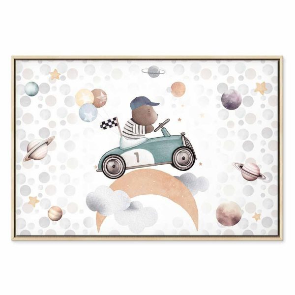 Tableau - Galactic Races - A Bear Participating in Car Races Among Planets Clouds and Stars in Pastel Hues