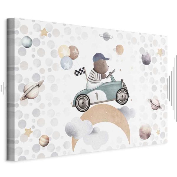 Tableau - Galactic Races - A Bear Participating in Car Races Among Planets Clouds and Stars in Pastel Hues Tableau - Galactic Races - A Bear Participating in Car Races Among Planets Clouds and Stars in Pastel Hues