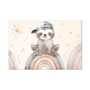 Tableau - Happy Sloth - Sloth in Subdued Colors Wearing a Cap Sitting on a Rainbow Among Little Stars