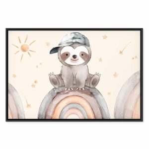 Tableau - Happy Sloth - Sloth in Subdued Colors Wearing a Cap Sitting on a Rainbow Among Little Stars