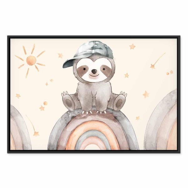 Tableau - Happy Sloth - Sloth in Subdued Colors Wearing a Cap Sitting on a Rainbow Among Little Stars