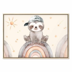 Tableau - Happy Sloth - Sloth in Subdued Colors Wearing a Cap Sitting on a Rainbow Among Little Stars