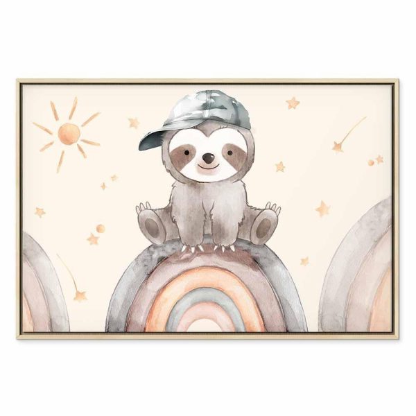Tableau - Happy Sloth - Sloth in Subdued Colors Wearing a Cap Sitting on a Rainbow Among Little Stars