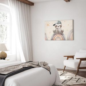 Tableau - Happy Sloth - Sloth in Subdued Colors Wearing a Cap Sitting on a Rainbow Among Little Stars