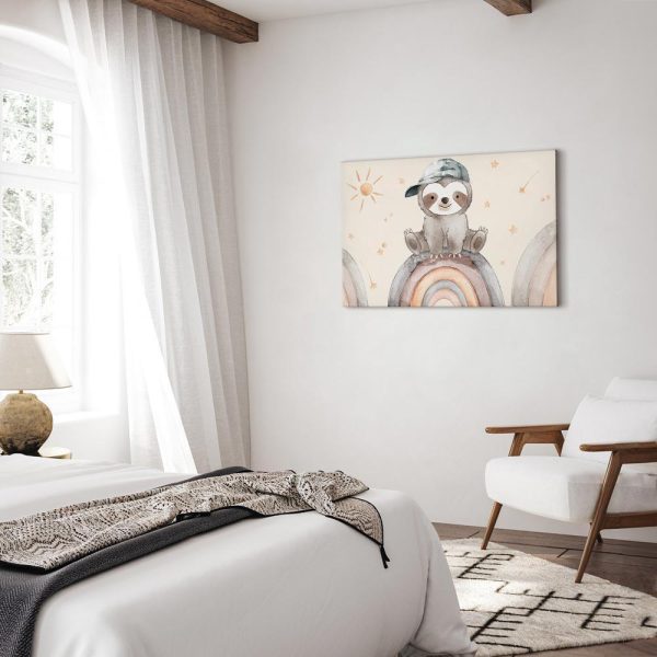 Tableau - Happy Sloth - Sloth in Subdued Colors Wearing a Cap Sitting on a Rainbow Among Little Stars