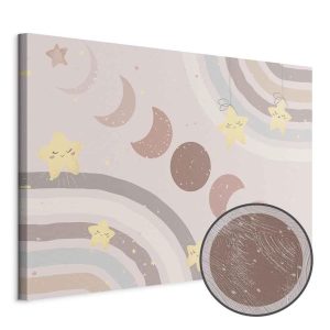 Tableau - Joyful Sky - Yellow Cheerful Stars with a Rainbow Against the Phases of the Moon in a Light Beige Sky Hue
