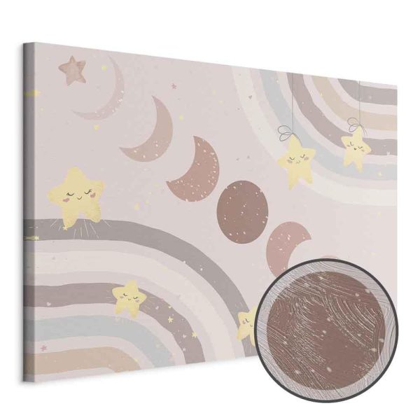 Tableau - Joyful Sky - Yellow Cheerful Stars with a Rainbow Against the Phases of the Moon in a Light Beige Sky Hue