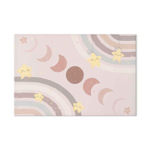 Tableau - Joyful Sky - Yellow Cheerful Stars with a Rainbow Against the Phases of the Moon in a Light Beige Sky Hue