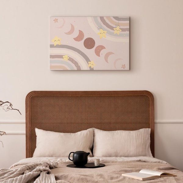 Tableau - Joyful Sky - Yellow Cheerful Stars with a Rainbow Against the Phases of the Moon in a Light Beige Sky Hue