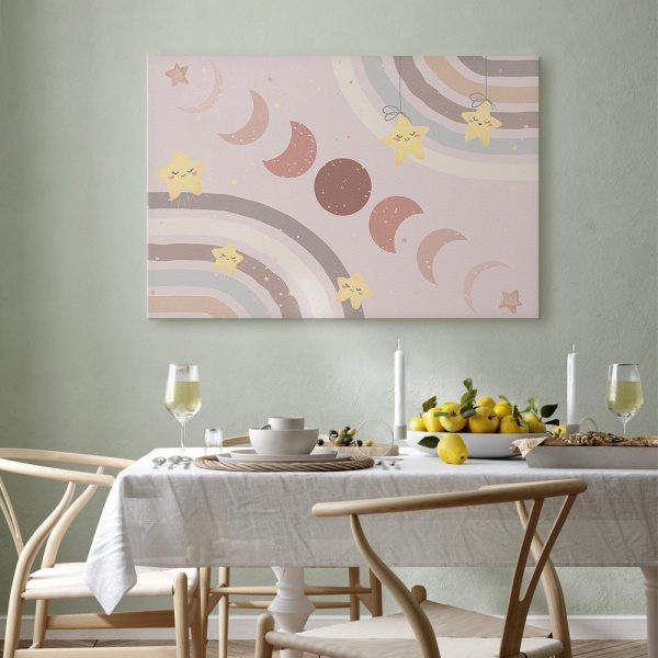 Tableau - Joyful Sky - Yellow Cheerful Stars with a Rainbow Against the Phases of the Moon in a Light Beige Sky Hue